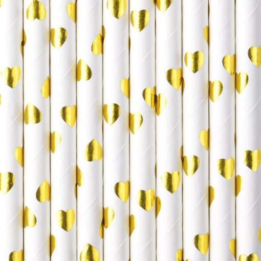 PartyDeco хартиени сламки - златни сърца 10 бр