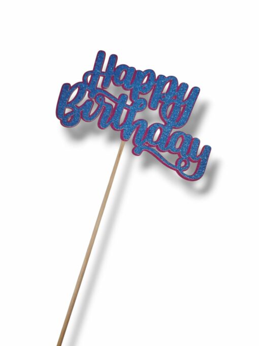 Хартиен топер - Happy Birthday - цикламено и син брокат